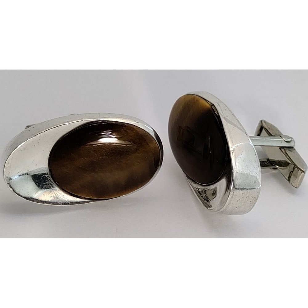 Vintage Abstract Solid Sterling Silver Tigers Eye Cufflinks